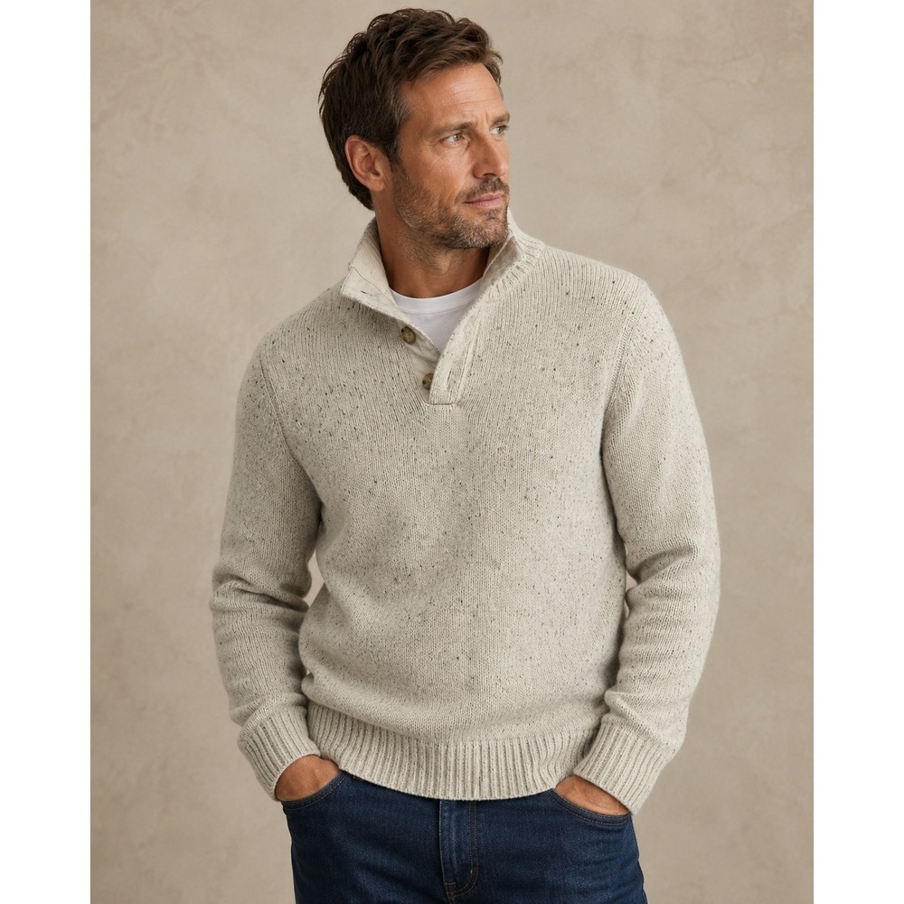 Lucky Brand Mens Oatmeal Speckled Mock Neck Button Pullover Sweater Pockets M